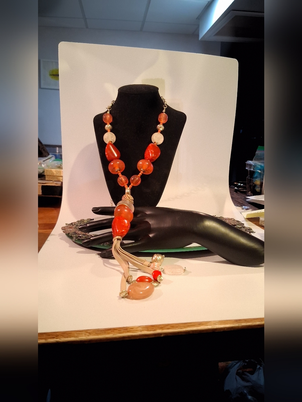 Chico's Statement Beaded Necklace with Red and White Beads